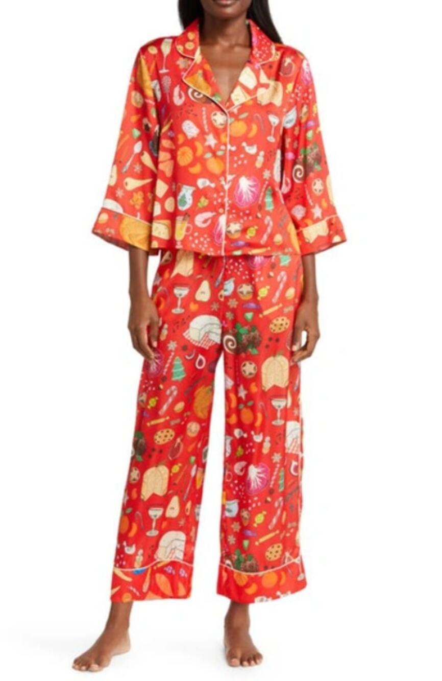 KAREN MABON Women's Holiday Feast Pajama Set XS Red Print Long Sleeve NWT
